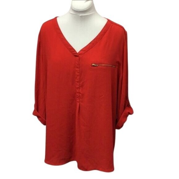 Roz & Ali Woman Plus Size Long Sleeve V Neck Blouse, Orange, size 3X - Picture 2 of 8